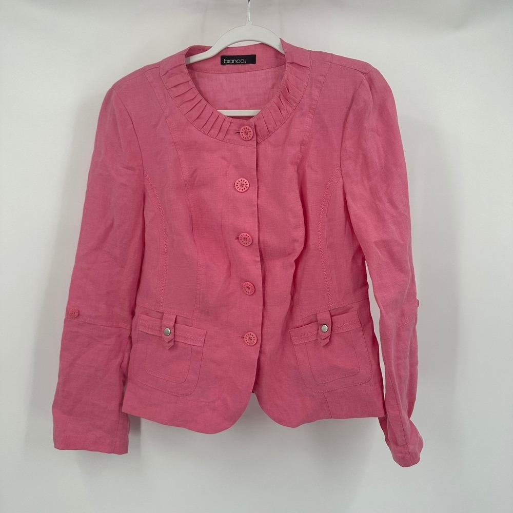 Womens Preppy Linen Blazer Size 10 Jacket Pink Peplum Old Money Minimalist Chic